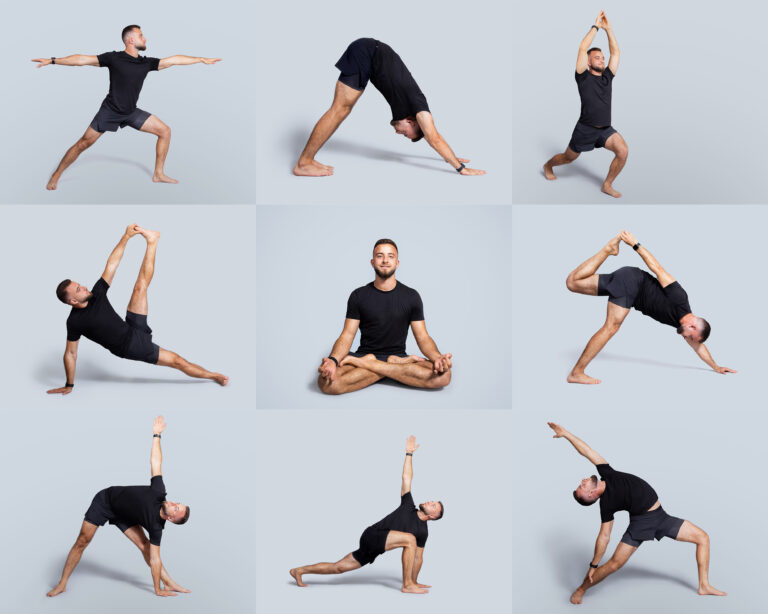 vecteezy a man practices multiple yoga poses including downward dog 51759394