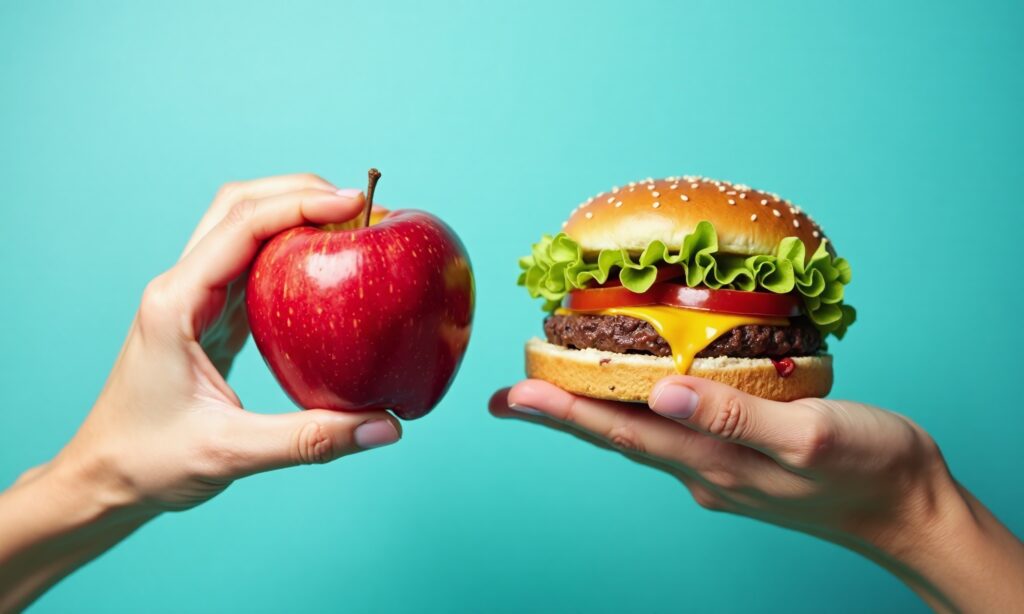 vecteezy hands holding food contrast healthy vs unhealthy 53914886