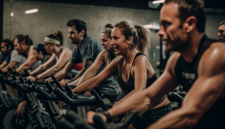 vecteezy men and women in gym cycling together happily generated by ai 24653947